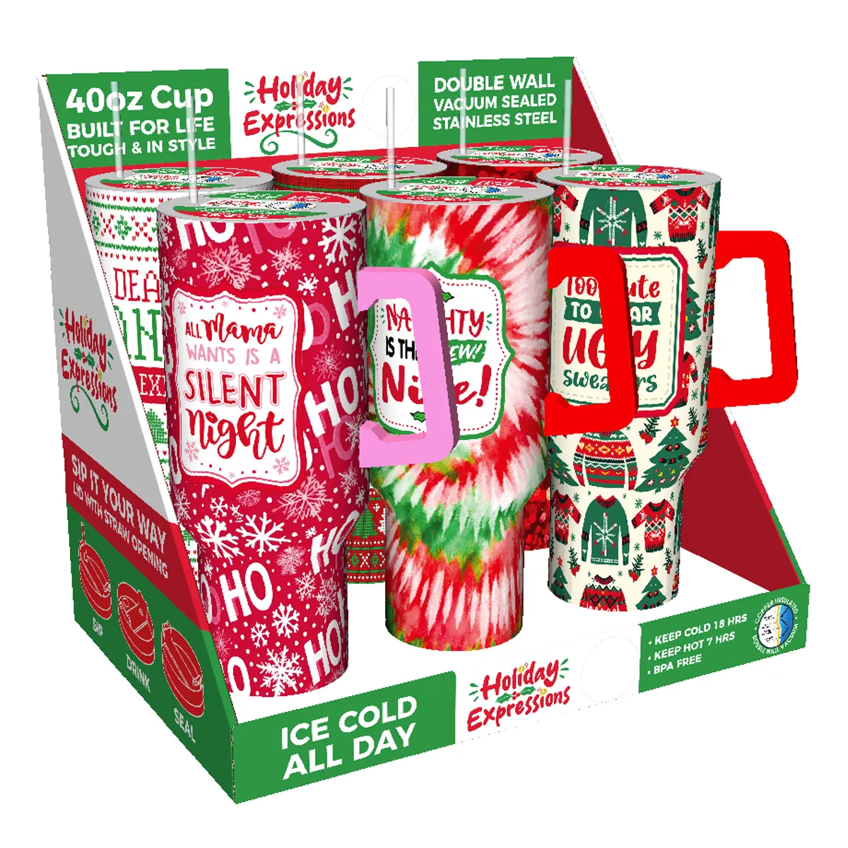 40 oz Insulated Stainless-Steel Holiday Cup - 6 Pieces Per Retail Ready Display 41709