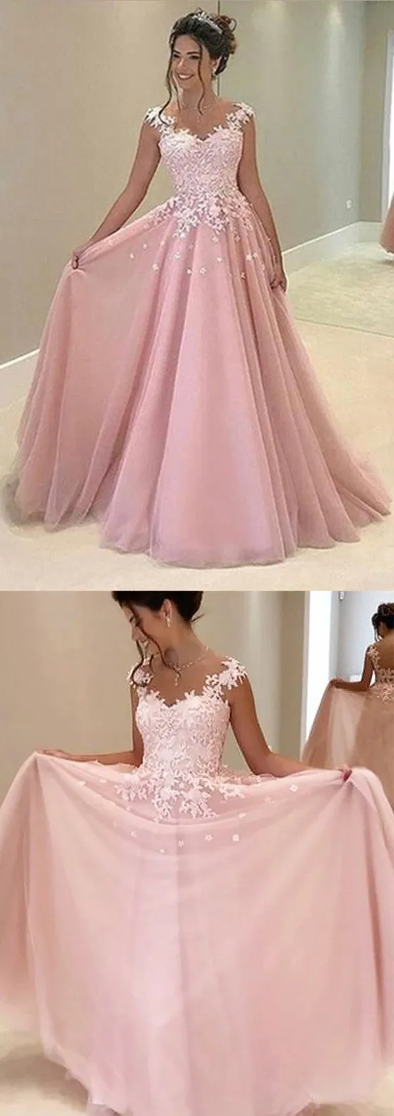 A-Line Floor-length Sleeveless Lace Appliques Top Tull Long Prom Dresses, PD0541