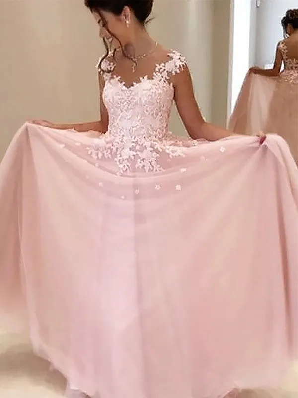 A-Line Floor-length Sleeveless Lace Appliques Top Tull Long Prom Dresses, PD0541