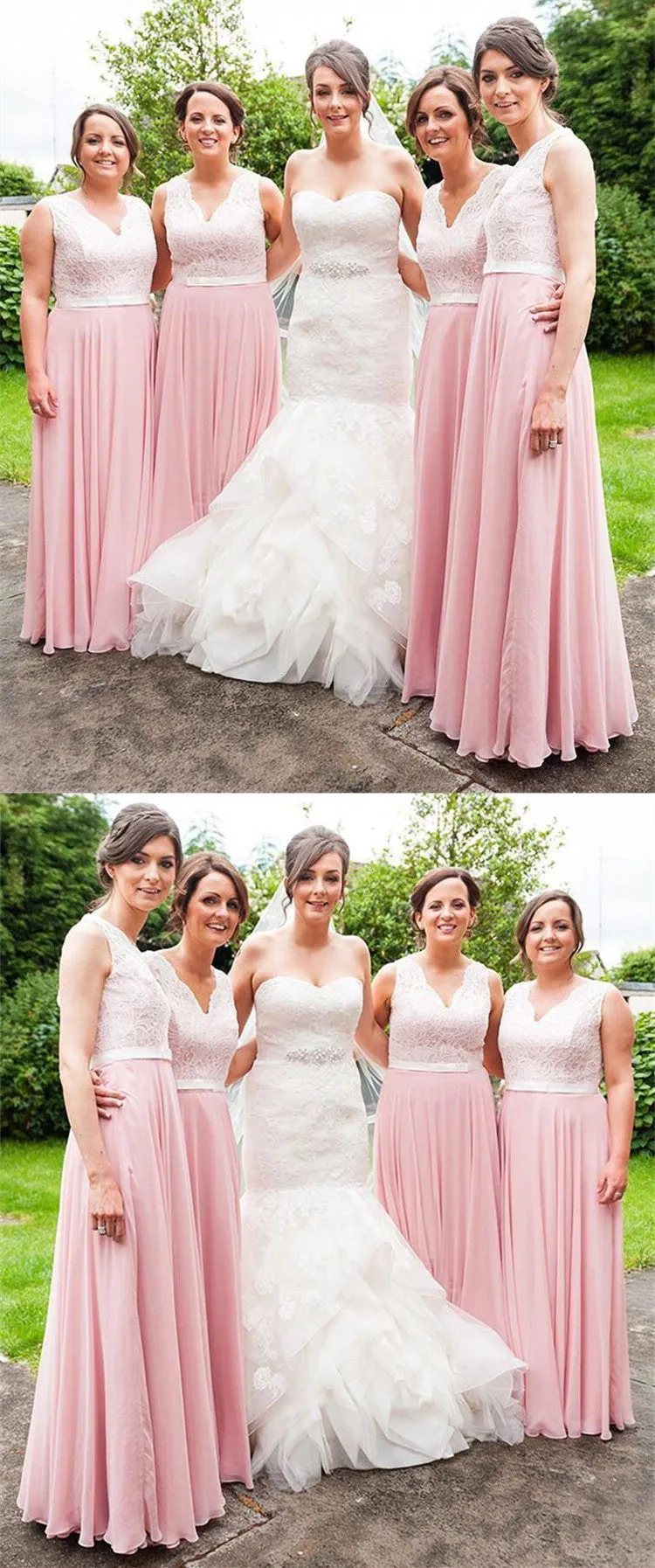 A-line Floor-length V-neck Lace Pink Chiffon Bridesmaid Dresses, BD0581