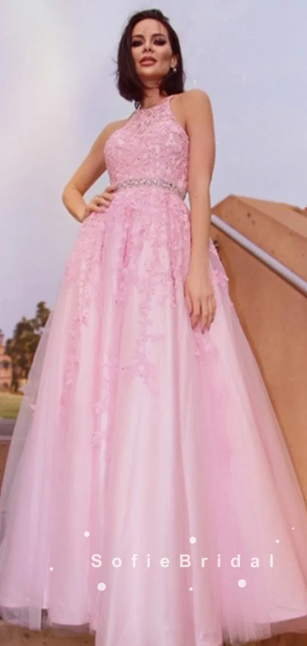 A-Line Halter Pink Tulle Lace Long Prom Dresses With Beading,SFPD0055