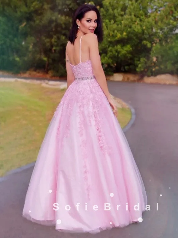 A-Line Halter Pink Tulle Lace Long Prom Dresses With Beading,SFPD0055