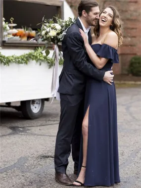 A-line Off-shoulder Navy Blue Chiffon Bridesmaid Dresses With Slit, BD0588