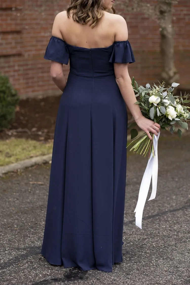 A-line Off-shoulder Navy Blue Chiffon Bridesmaid Dresses With Slit, BD0588