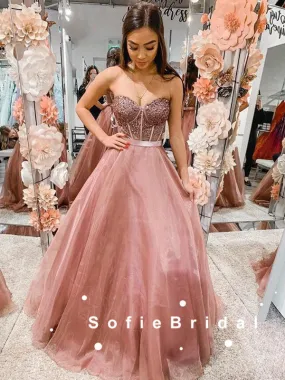 A-Line Sweetheart Tulle Long Prom Dresses With Beading,SFPD0077