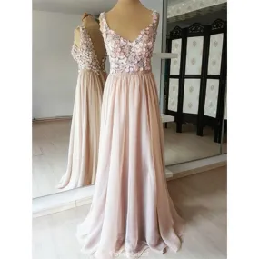 A-line V-neck Flower Beading Appliques V-back Long Chiffon Prom Dresses, PD0563