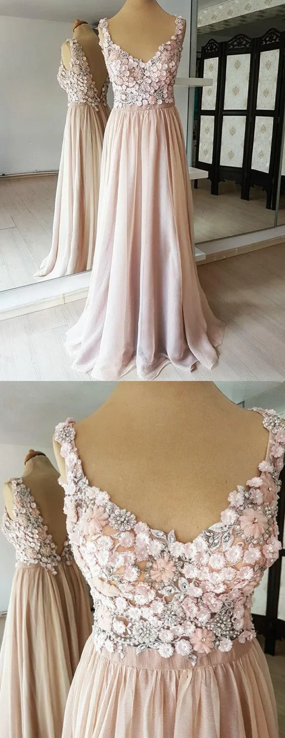 A-line V-neck Flower Beading Appliques V-back Long Chiffon Prom Dresses, PD0563