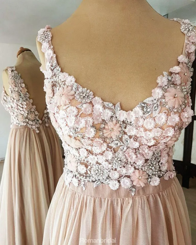 A-line V-neck Flower Beading Appliques V-back Long Chiffon Prom Dresses, PD0563