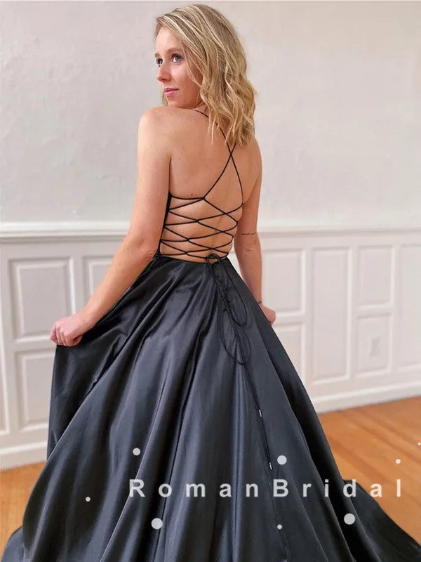 A-Line V-Neck Spaghetti Straps Black Satin Long Prom Dresses,RBPD0055