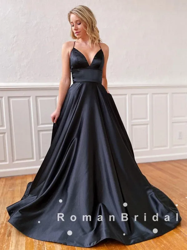 A-Line V-Neck Spaghetti Straps Black Satin Long Prom Dresses,RBPD0055