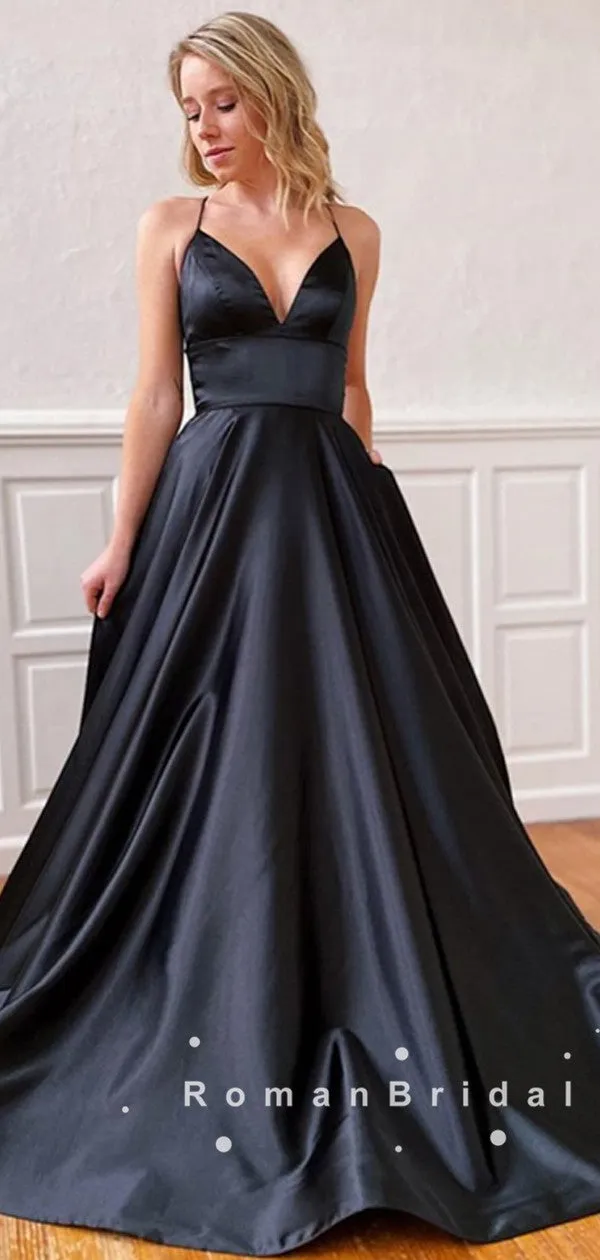 A-Line V-Neck Spaghetti Straps Black Satin Long Prom Dresses,RBPD0055