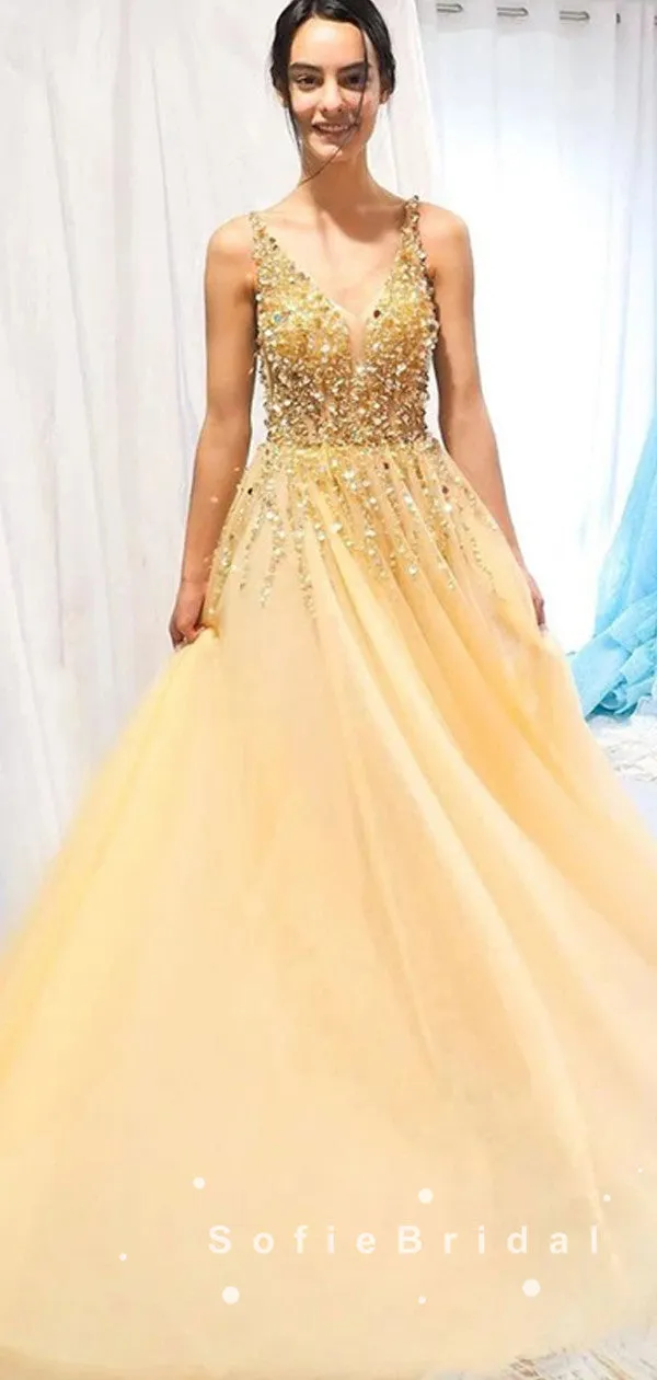 A-Line V-Neck Spaghetti Straps Yellow Tulle Long Prom Dresses With Beading,SFPD0007