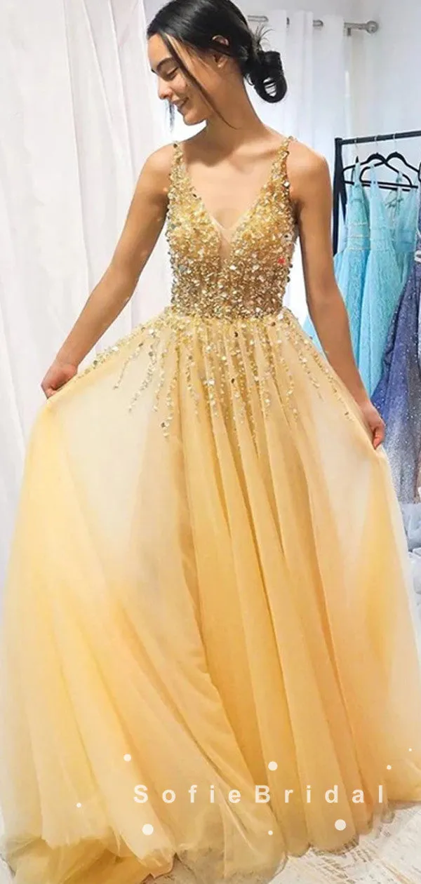 A-Line V-Neck Spaghetti Straps Yellow Tulle Long Prom Dresses With Beading,SFPD0007