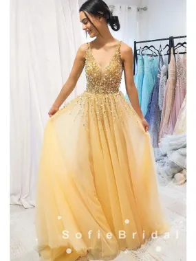 A-Line V-Neck Spaghetti Straps Yellow Tulle Long Prom Dresses With Beading,SFPD0007