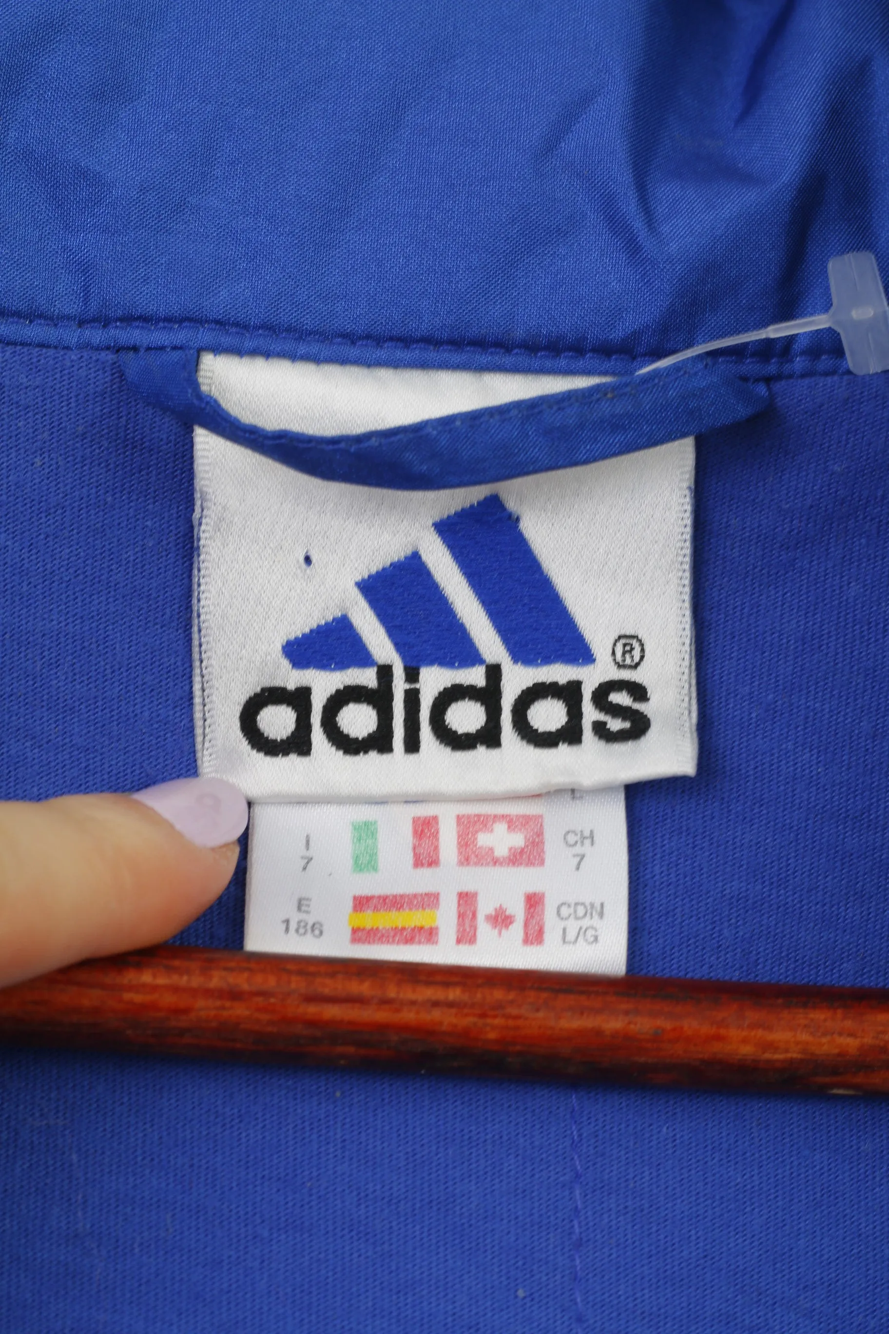 Adidas Men 186 L Jacket Blue Vintage Parka Full Zipper Hidden Hood Nylon 90s Top