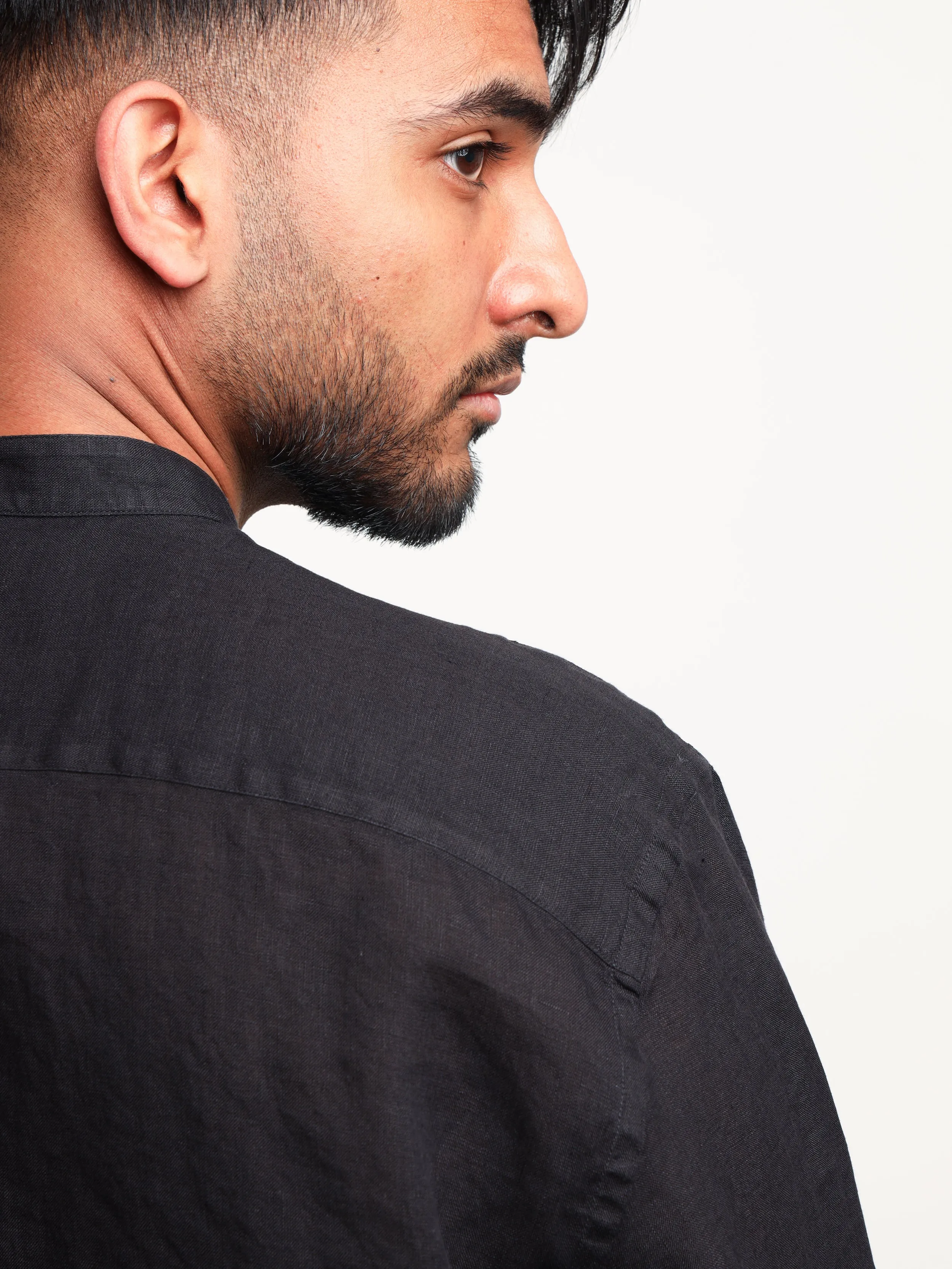 Black Linen Dress Shirt with Band Collar