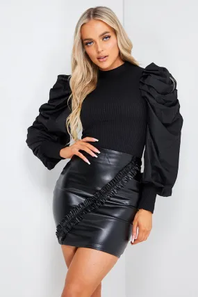 Black PU Ruffle Mini Skirt