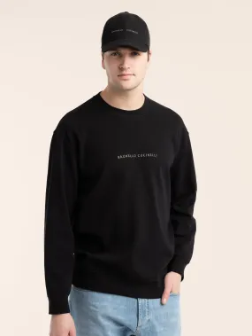 Black Techno Cotton French Terry Sweatshirt with Embroidery