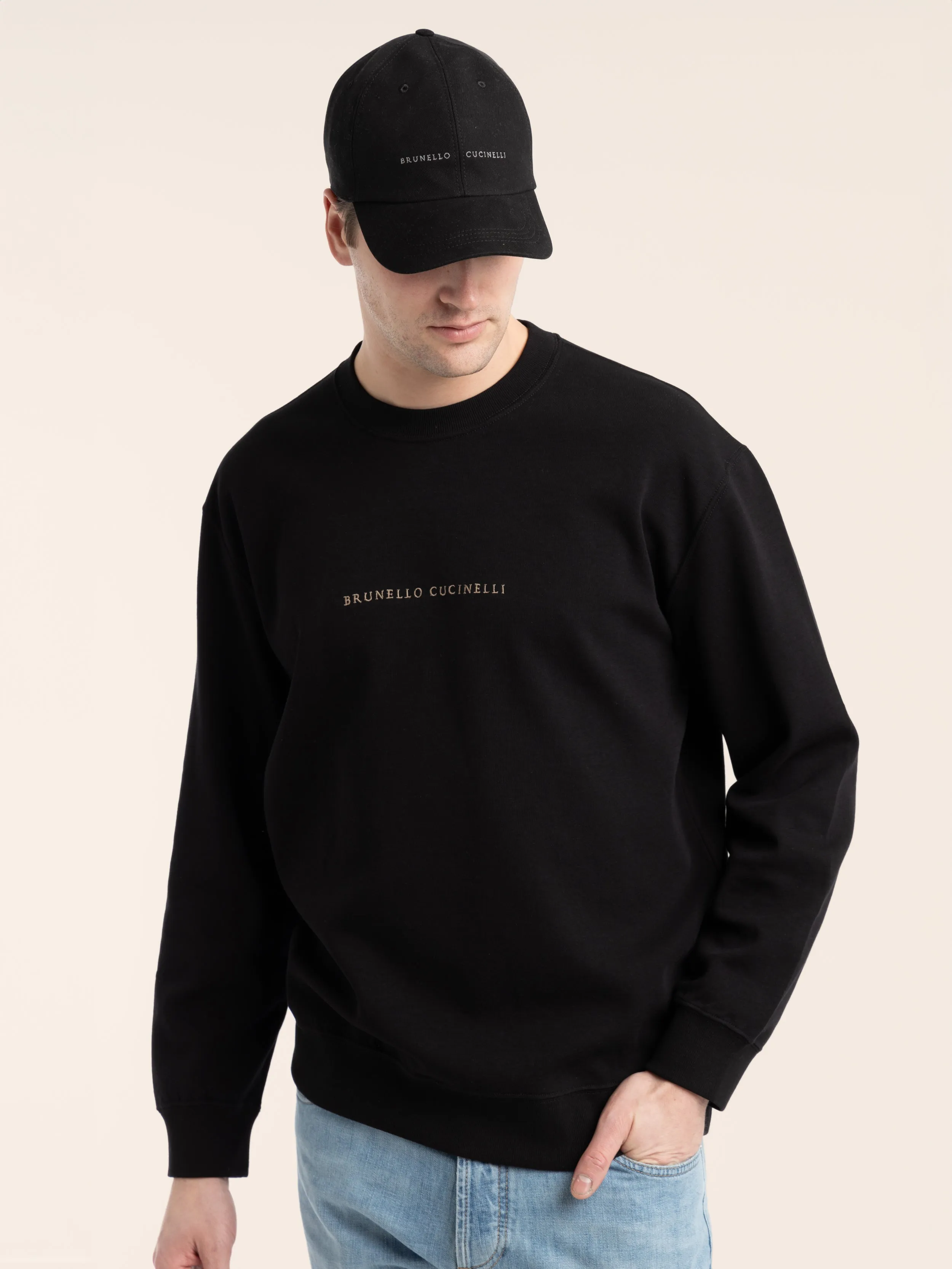 Black Techno Cotton French Terry Sweatshirt with Embroidery