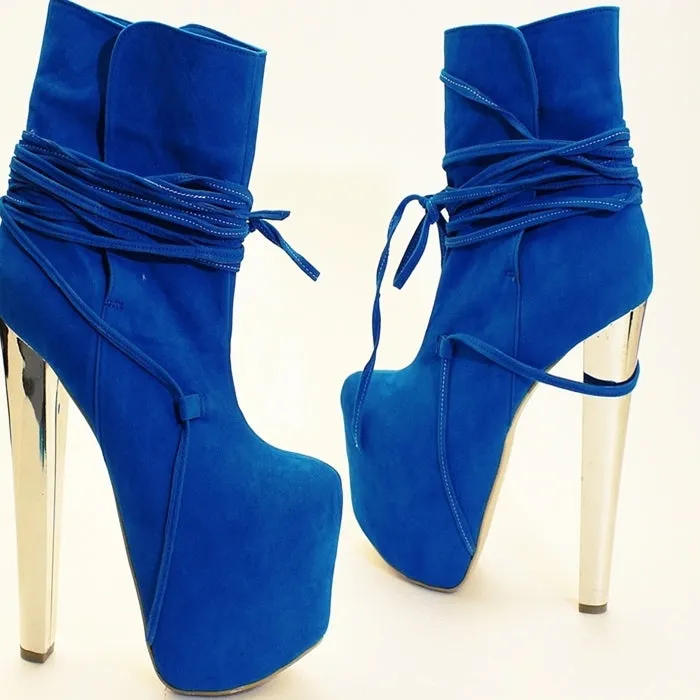 Blue Faux Suede Lace Up Platform Boots