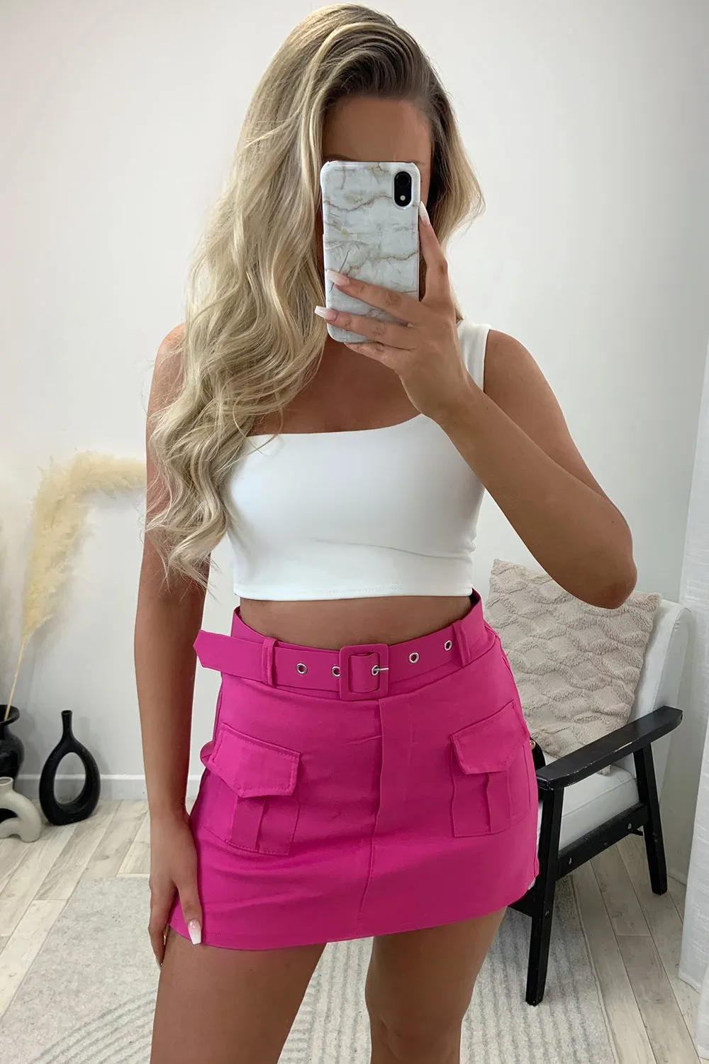 Carina Pink Belted High Waisted Cargo Skort