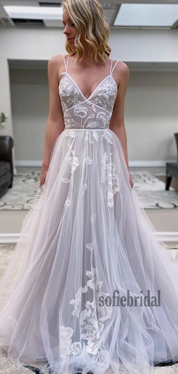 Cheap Spaghetti Straps Tulle A-line Long Wedding Dresses Online,SFWD0024