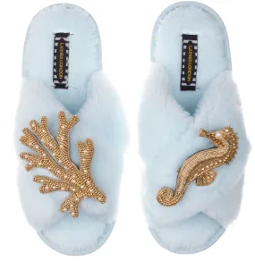 Classic Laines Slippers with Artisan Gold Seahorse & Coral in Powder Blue