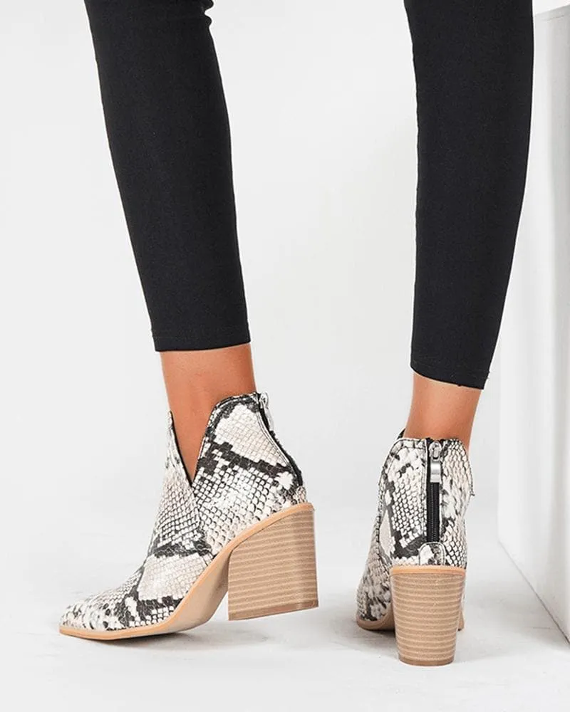 Color-Blocking Pointed Toe Chunky Heel Ankle Boots