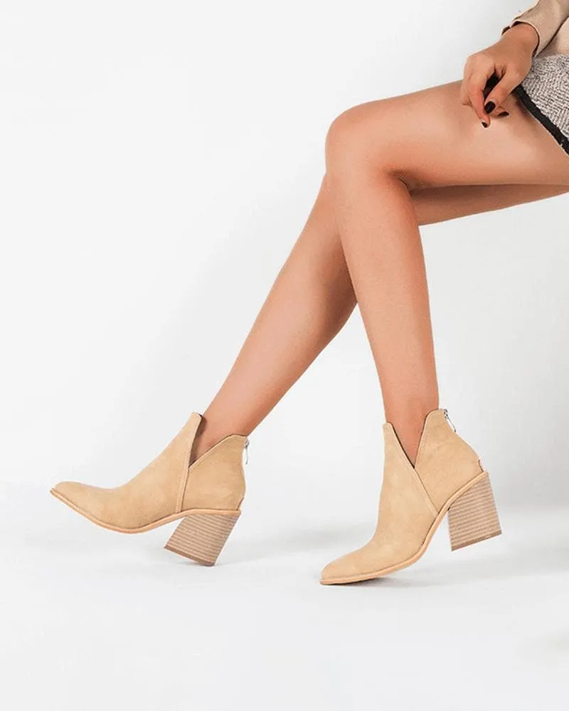 Color-Blocking Pointed Toe Chunky Heel Ankle Boots