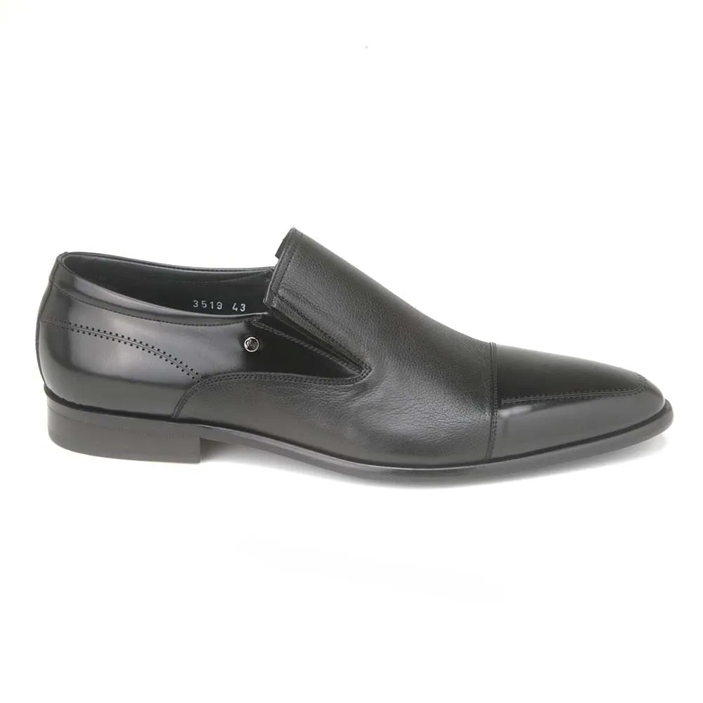 Corrente Black Leather Men’s Cap Toe Slip On Loafers