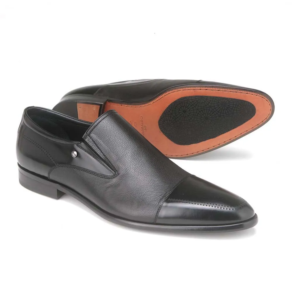 Corrente Black Leather Men’s Cap Toe Slip On Loafers