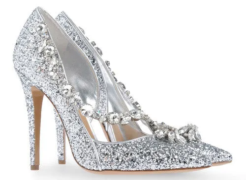 Dsquared2 - As Seen on the 2012 Fall Runway Collection, Look 31 - Silver Glittery Pointed Toe Heels with Crystal Embellishments - IT 38 1/2