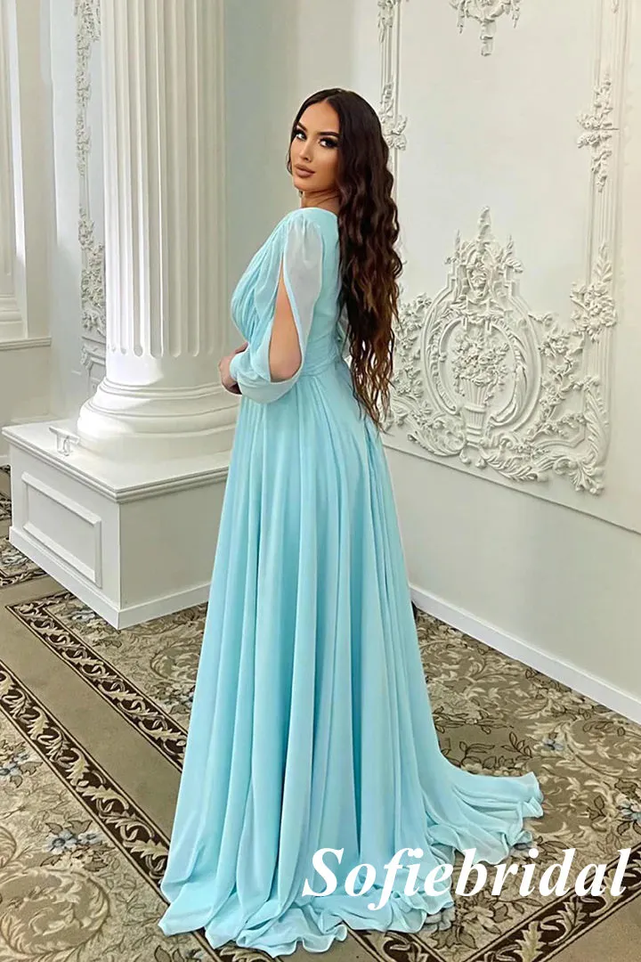 Elegant Chiffion Deep V-Neck Long Sleeves Side Slit A-Line Long Prom Dresses, PD0971