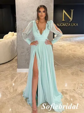 Elegant Chiffion Deep V-Neck Long Sleeves Side Slit A-Line Long Prom Dresses, PD0971