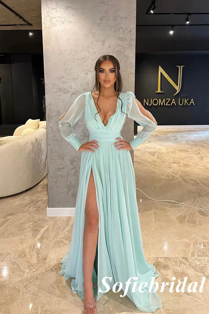 Elegant Chiffion Deep V-Neck Long Sleeves Side Slit A-Line Long Prom Dresses, PD0971