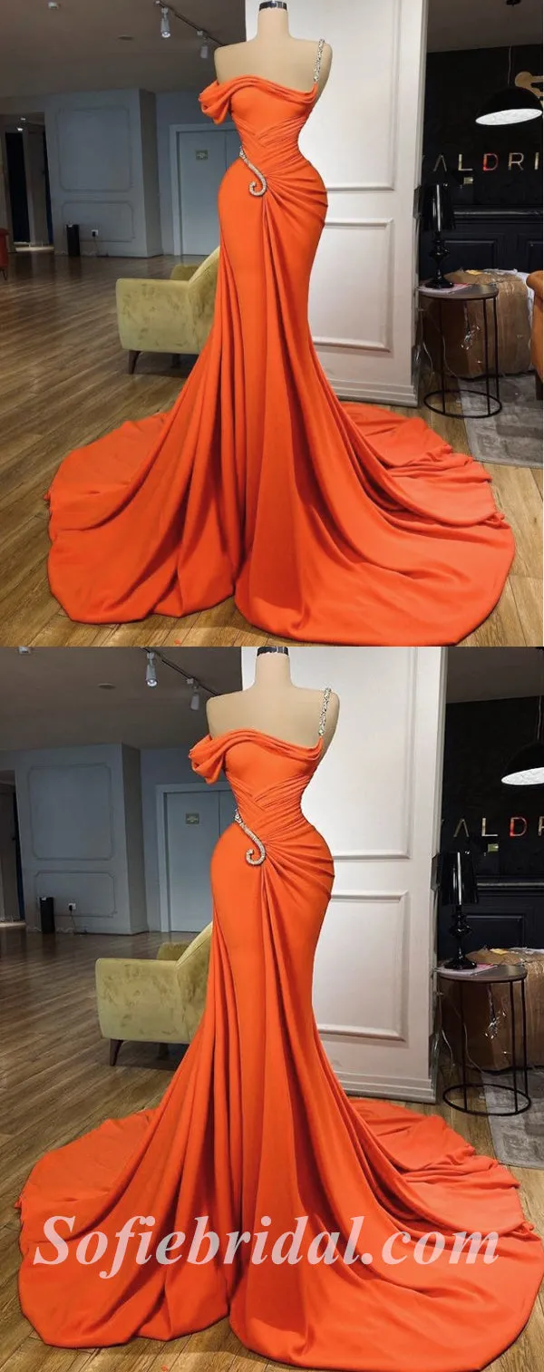 Elegant Orange Satin One Shoulder Sleeveless Mermaid Long Prom Dresses With Decoration,SFPD0398