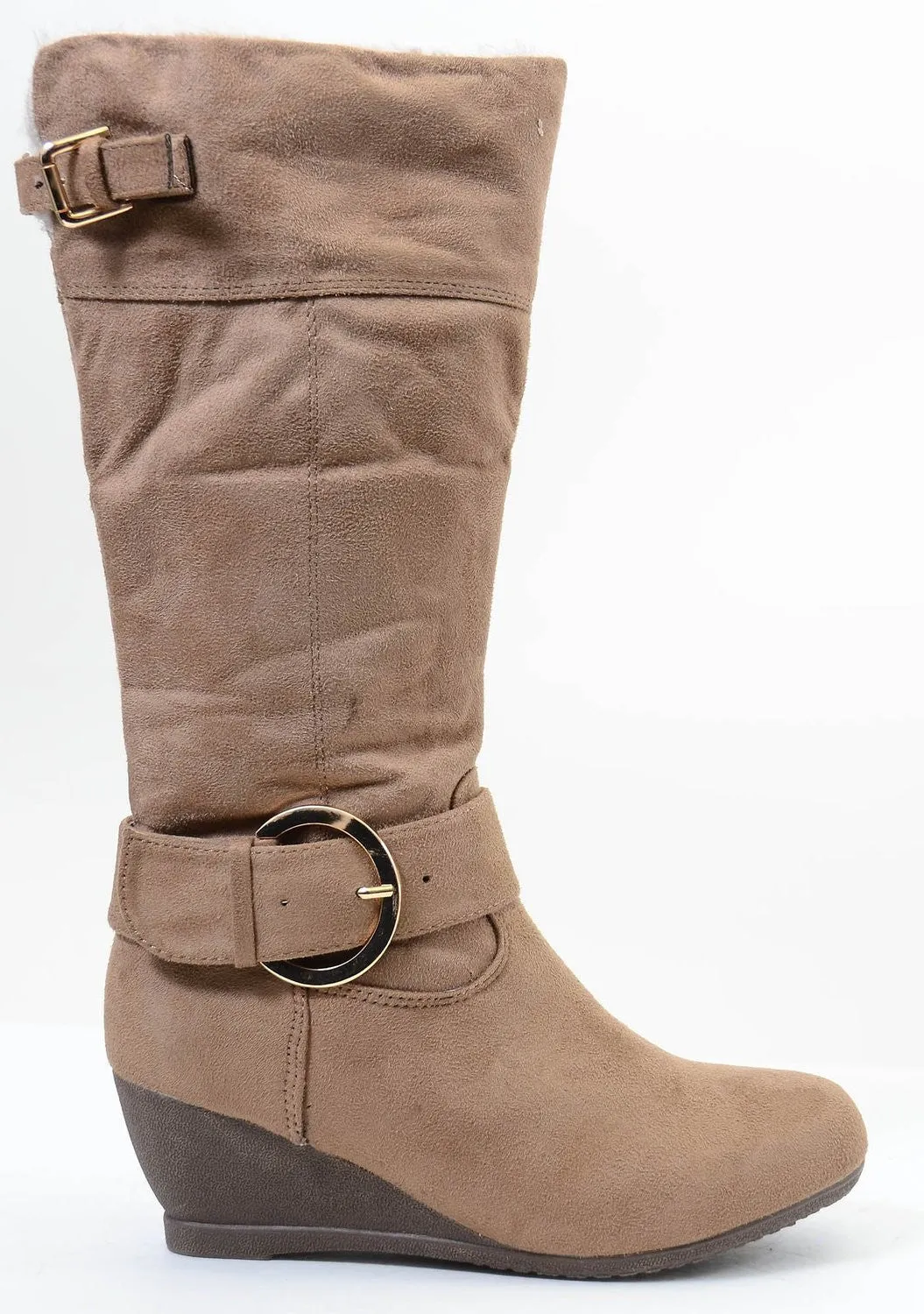 Furry Buckle Wedge Vegan Suede Knee Womens Boots