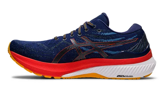 Optimized Product Title: Gel-Kayano 29 Running Shoes in Deep Ocean and Vibrant Cherry Tomato Colors