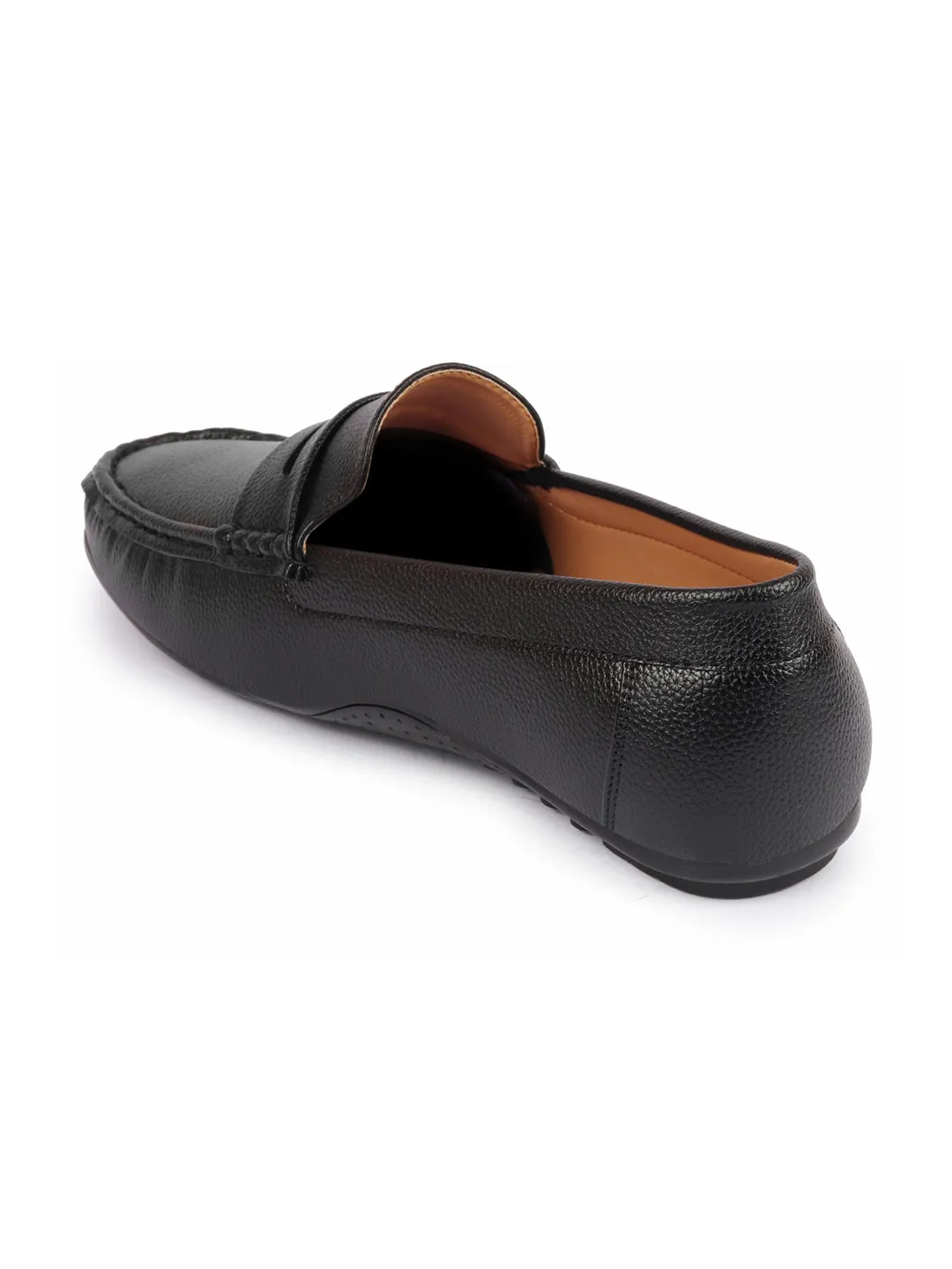 Men Black Hand Stitched Textured Design Casual Slip On Moccasins and Loafers