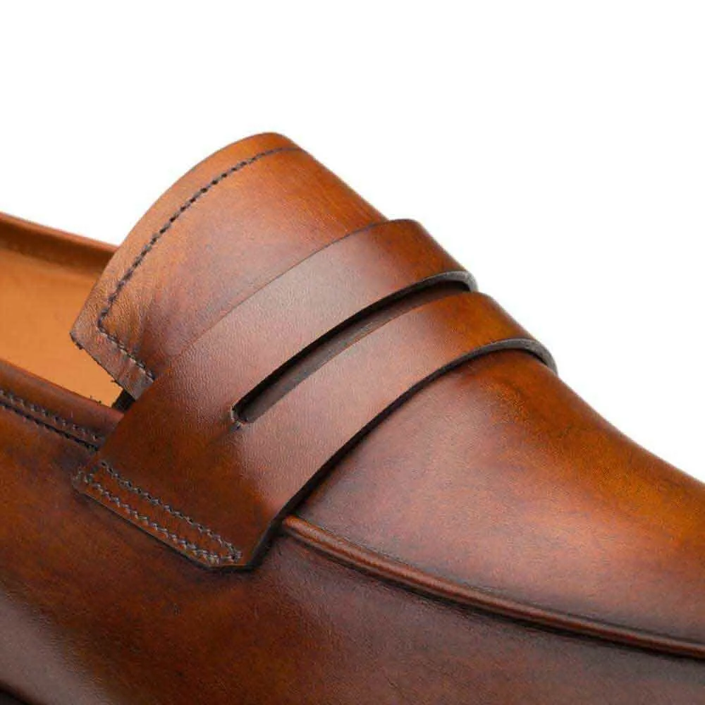 Mezlan Cognac Burnished Calfskin Penny Loafer