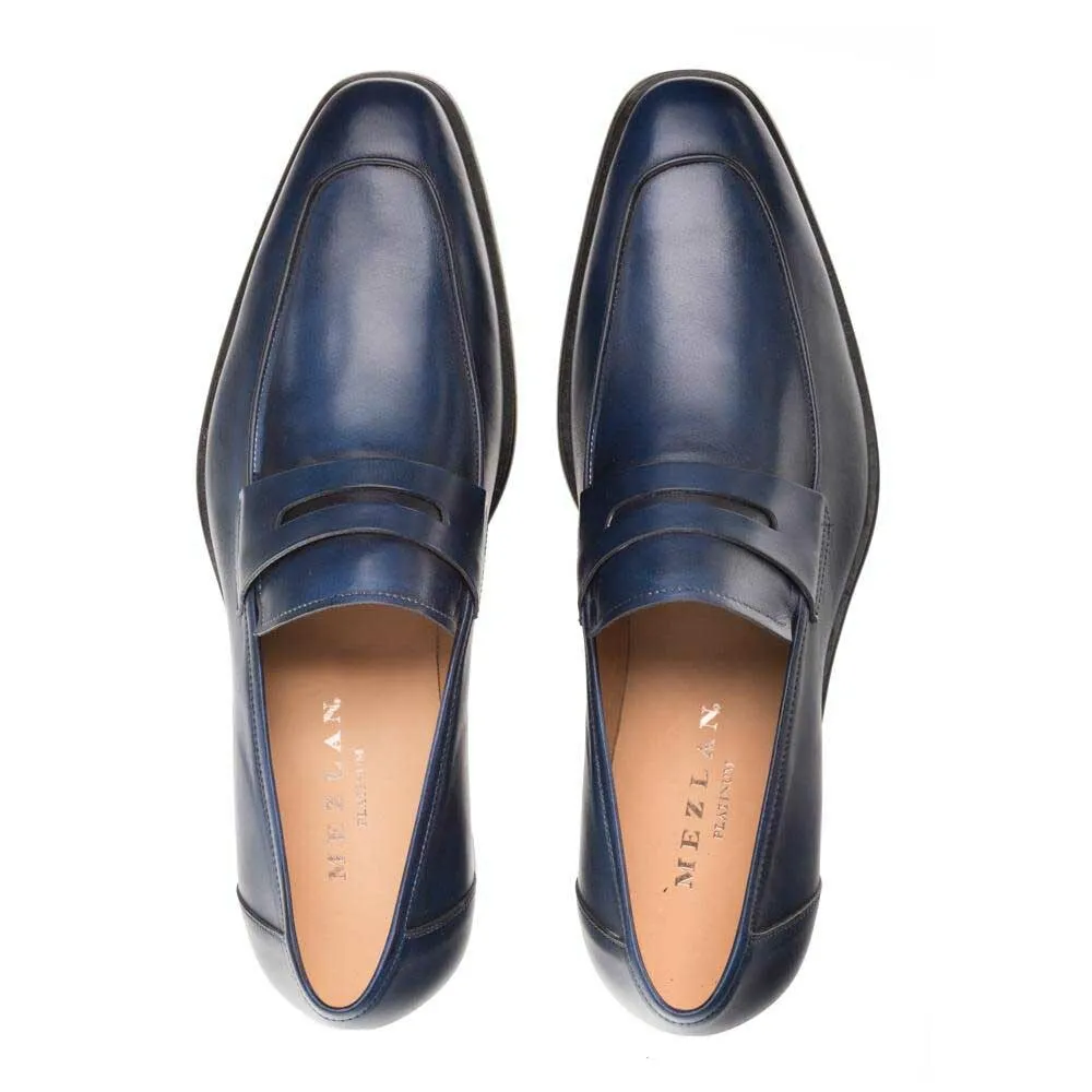 Mezlan Navy Burnished Calfskin Penny Loafer