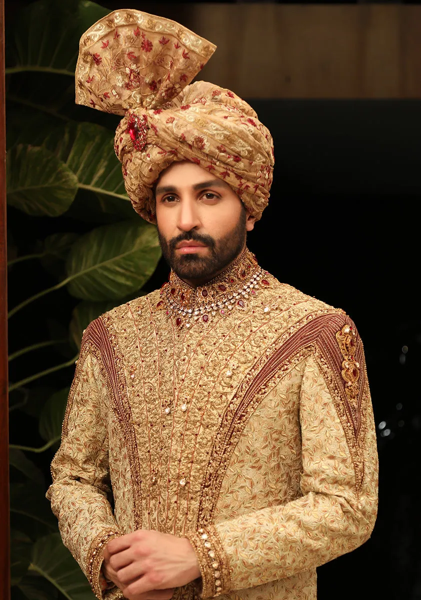 Premium Jamawar Gold Sherwani with Jewel and stone Embellishment