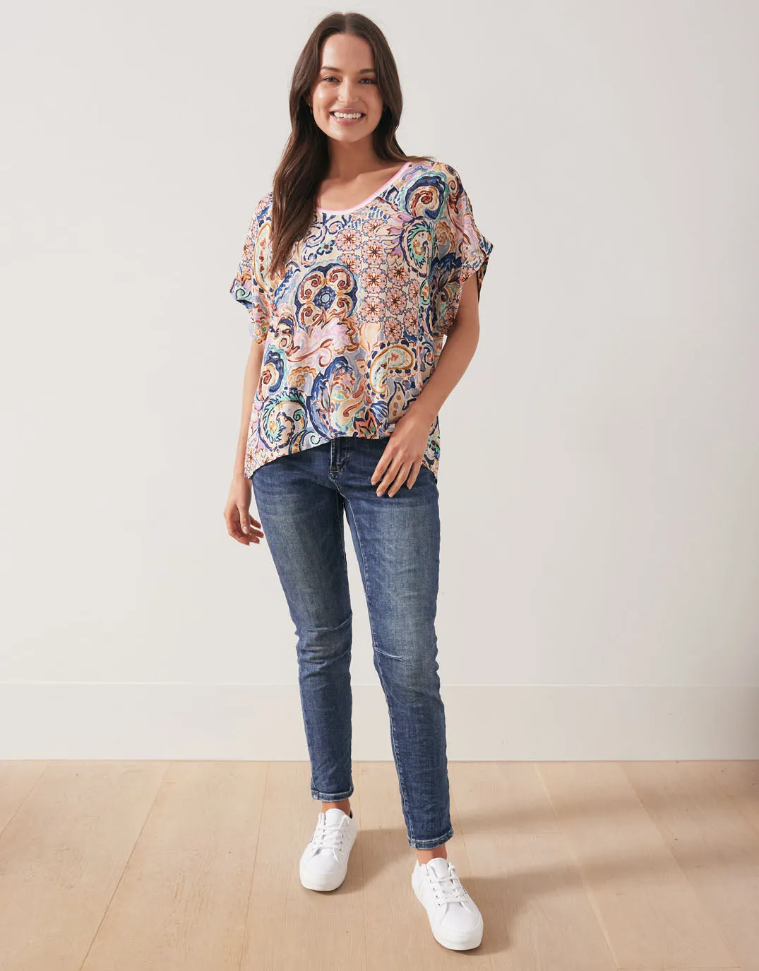 Printed V-Neck Top - Blue