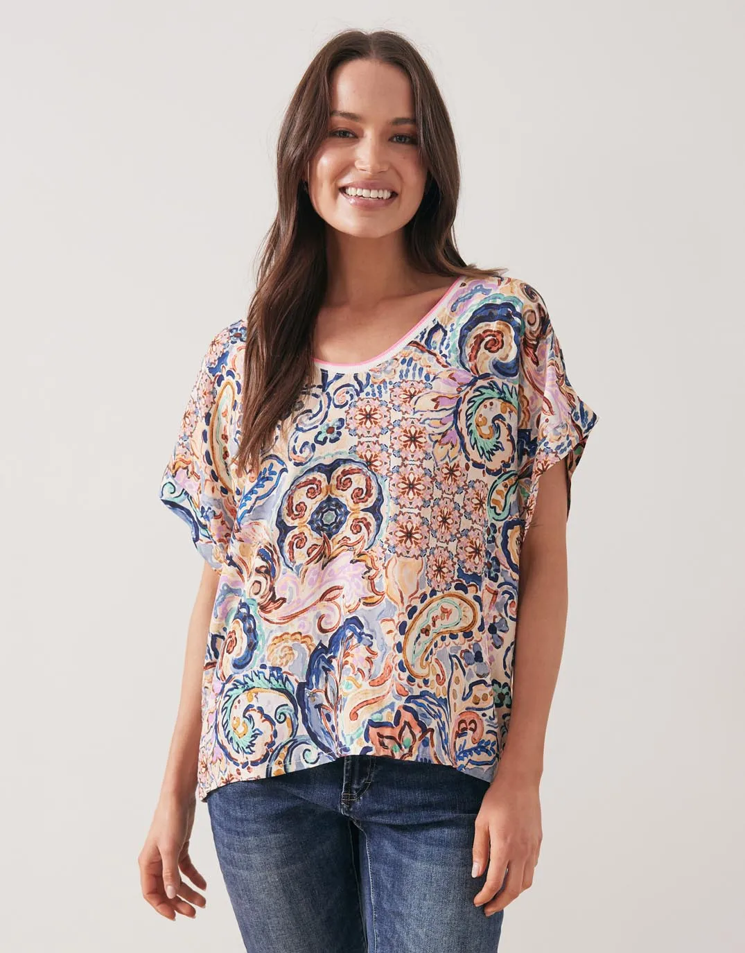 Printed V-Neck Top - Blue