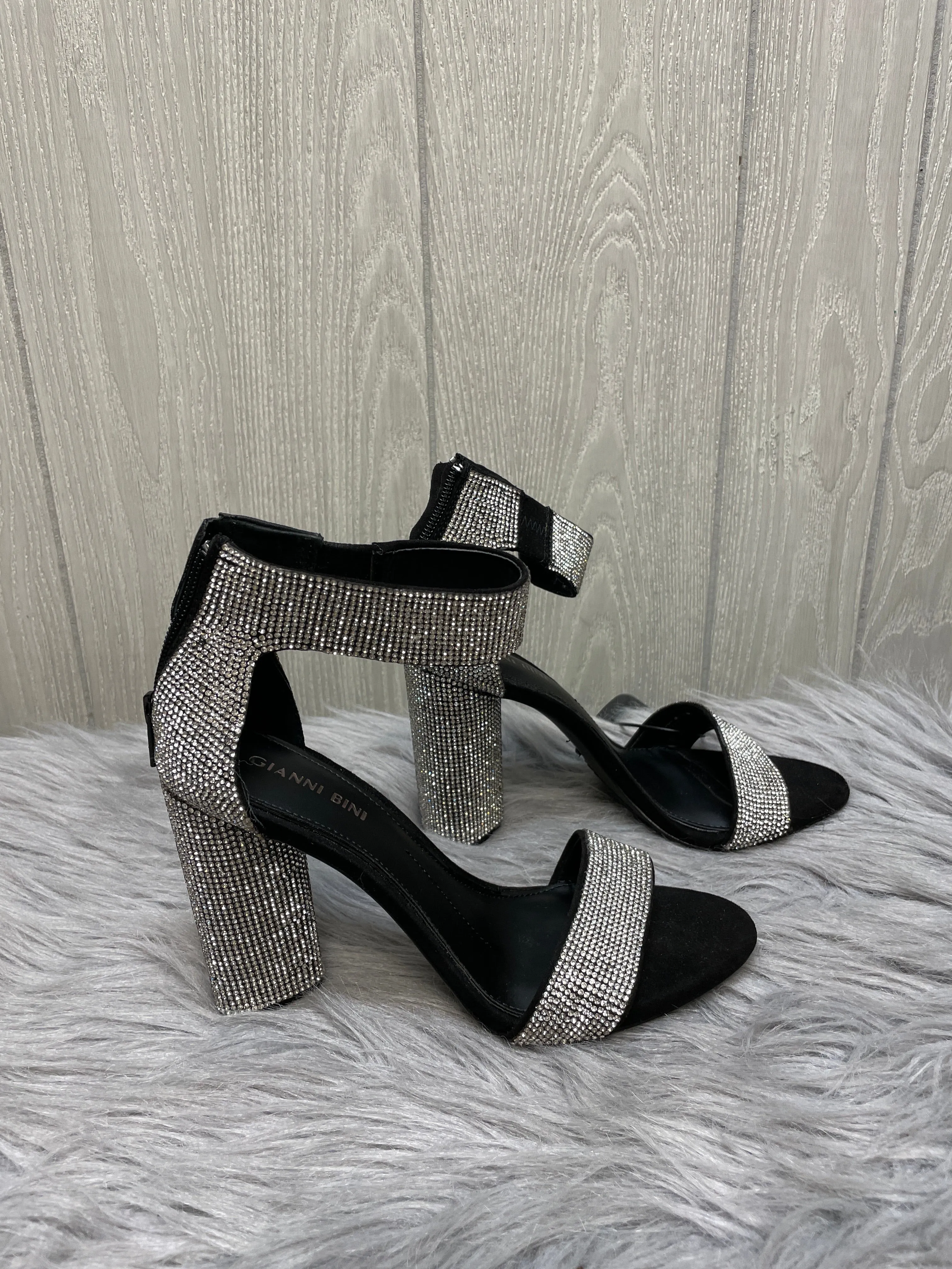 Sandals Heels Block By Gianni Bini In Black & Silver, Size: 7