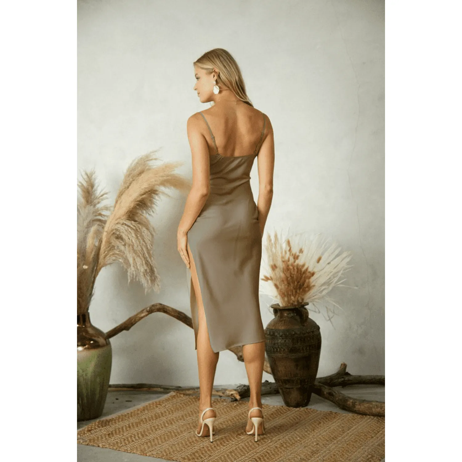 Side Slit Satin Dress - Taupe