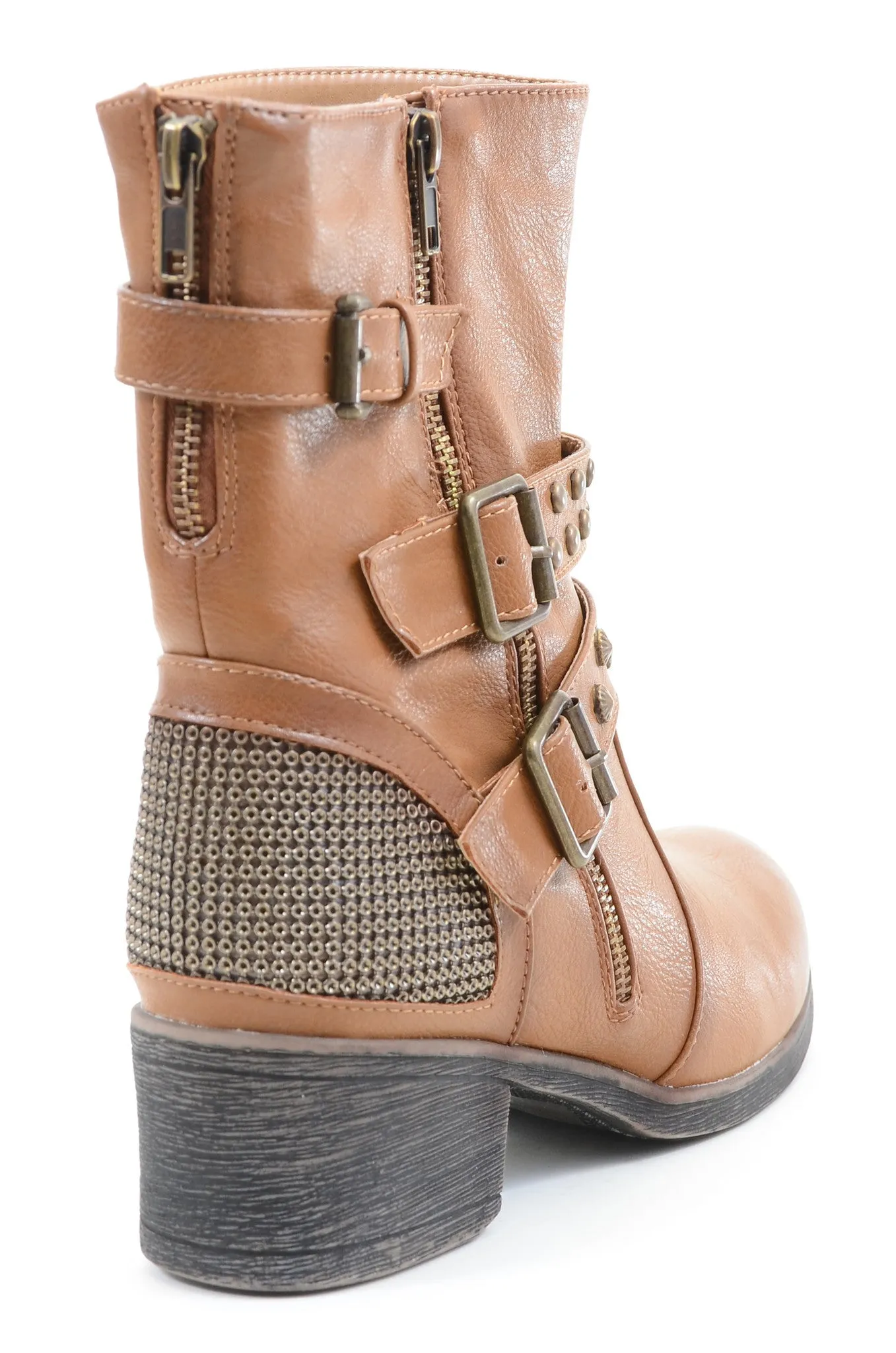 Studded Buckle Zipper Combat Military Women's Mid Calf Boots