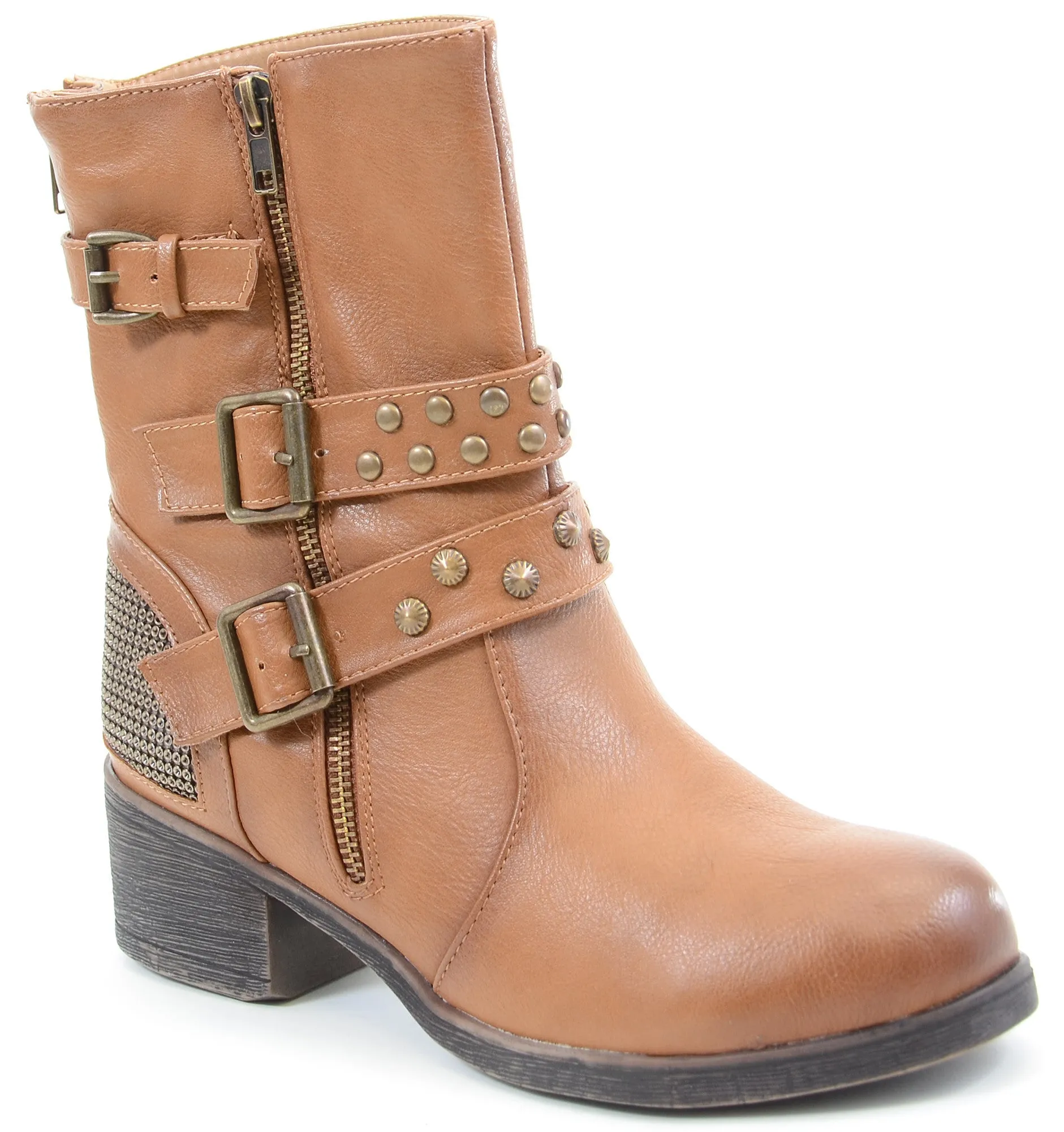 Studded Buckle Zipper Combat Military Women's Mid Calf Boots