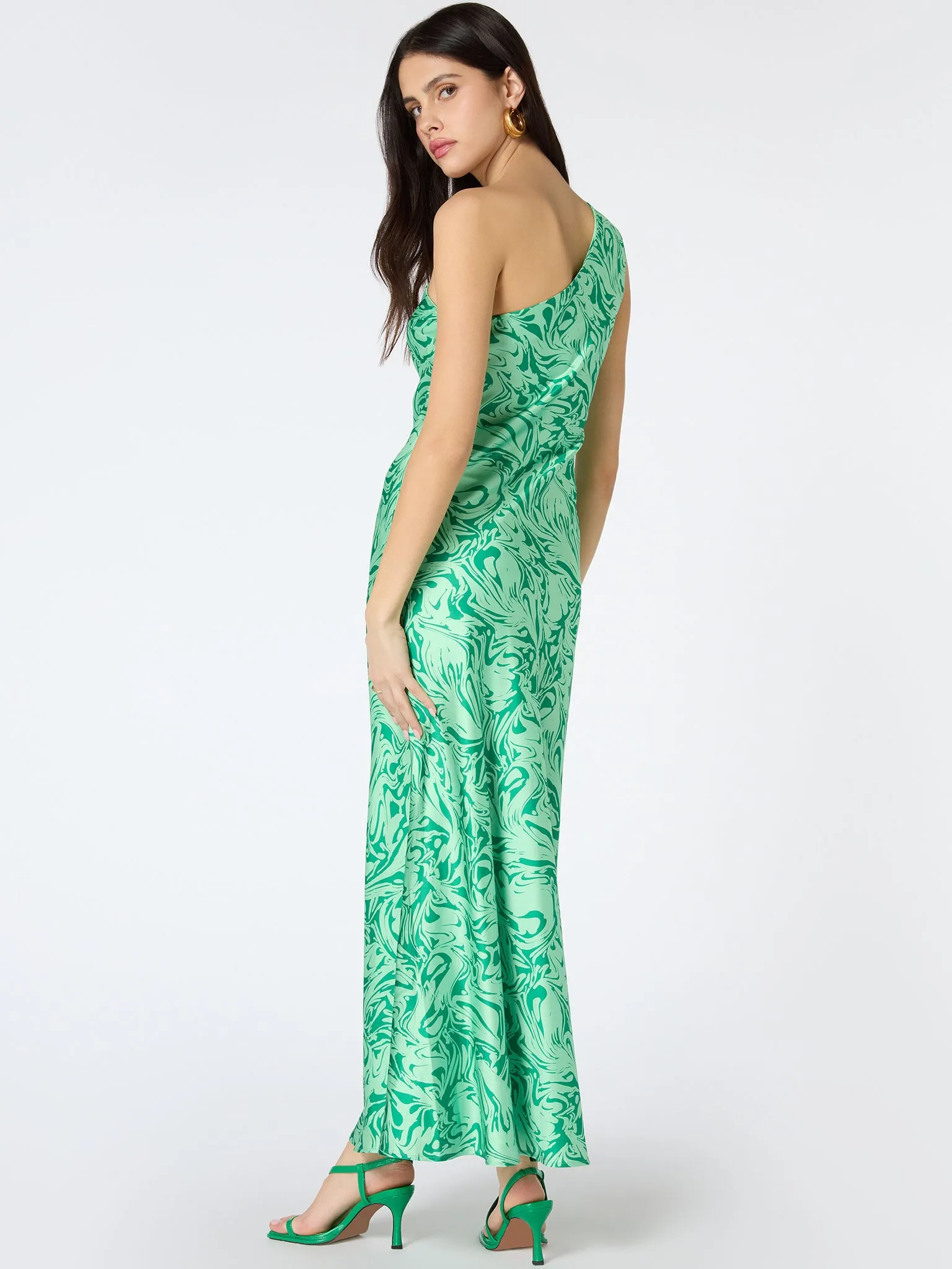 Uma One Shoulder Dress in Green Marble