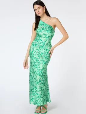 Uma One Shoulder Dress in Green Marble